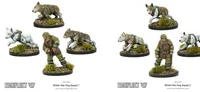 A set of miniatures from Warlord Games features British War Dog squads from the Konflikt '47 range. The scene includes several dogs in harnesses alongside their handlers, depicted on textured bases with tufts of grass. The figures showcase a mix of poses, highlighting the dynamic nature of the canine companions and their human counterparts.