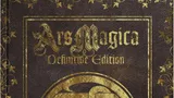 Gold circular Celtic knot design on dark leather-textured background with ornate borders. Text: "Ars Magica Definitive Edition".