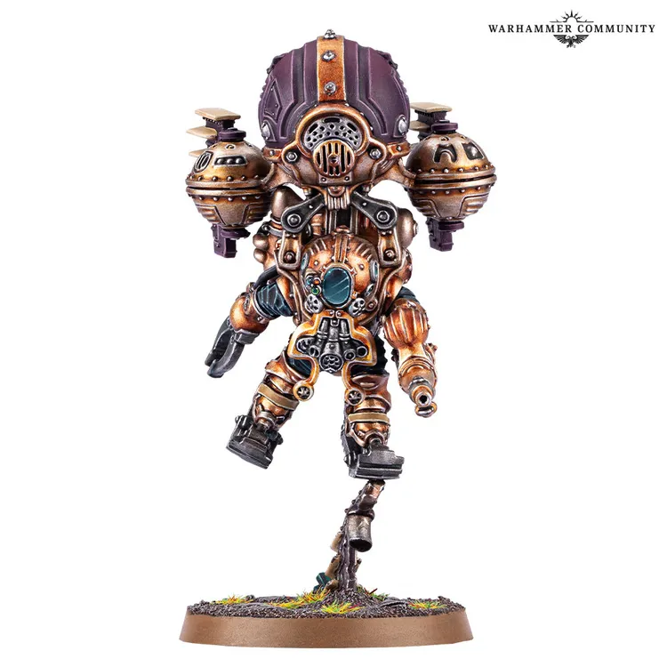A Kharadron Overlord miniature is depicted, showcasing a flying duardin in a detailed nullsuit. The figure features a metallic color scheme with bronze and copper tones, highlighted by a large, purple helmet and two prominent airship engines on its back. It stands on a base adorned with grass and rocks, emphasizing its adventurous nature in the skies.