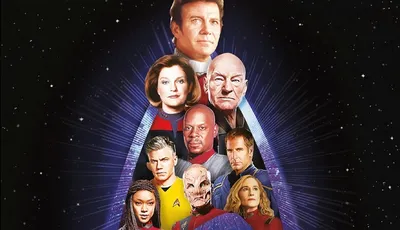 A starfield background with the text "STAR TREK ADVENTURES" at the top. Below, a group of nine characters from Star Trek are arranged in a triangular formation. The characters are from various series and include both human and alien figures, all wearing Starfleet uniforms or other recognizable attire. The arrangement is set against a glowing, triangular warp trail effect.