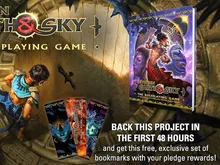 A fantasy-themed tabletop game box titled Between Earth & Sky: The Roleplaying Game, featuring a purple cover with illustrated characters in dynamic poses. Below, two bookmarks in colorful sleeves with game branding.