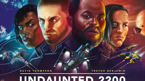 The cover of "Undaunted 2200: Revolution" features a dynamic space scene with four characters prominently displayed, each with distinct expressions and styles. In the background, various spacecraft are depicted flying through a vibrant cosmic setting, while a futuristic landscape with domed structures is visible below. The title "UNDAUNTED 2200 REVOLUTION" is boldly displayed at the center, along with the names of the creators and the illustrator.