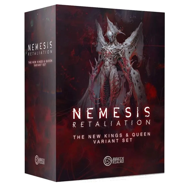 Box for "Nemesis: Retaliation - The New Kings & Queen Variant Set" by Awaken Realms. The box is dark red with a central illustration of a large, detailed, otherworldly creature with elongated limbs, wings, and a skeletal appearance. The text "NEMESIS RETALIATION" is prominently displayed in large white letters near the top and center. Below, the text "THE NEW KINGS & QUEEN VARIANT SET" is written in smaller white letters. The Awaken Realms logo is visible at the bottom right.