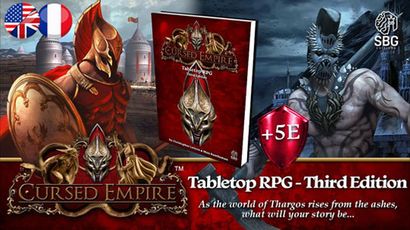A promotional image for the Cursed Empire RPG features a striking design with a red and gold color scheme. In the foreground, a detailed book cover for "Cursed Empire - Third Edition" is prominently displayed, alongside a shield icon indicating compatibility with 5E systems. Flanking the book are two characters: a heavily armored warrior on the left and a menacing creature on the right, both set against a backdrop of medieval towers and a dark, atmospheric sky.