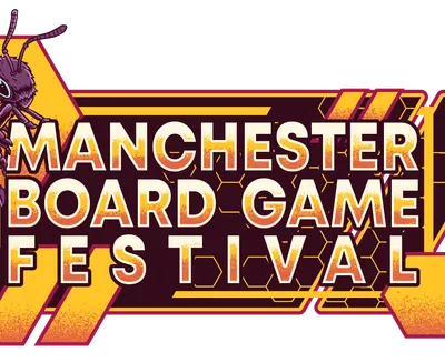 A vibrant logo for the Manchester Board Game Festival features a stylized bee holding a red dice, set against a geometric background of yellow and maroon. The text "MANCHESTER BOARD GAME FESTIVAL" is prominently displayed in bold, white letters, with a dynamic design that includes hexagonal shapes and lines. The overall aesthetic conveys a fun and energetic atmosphere, suitable for a board game event.