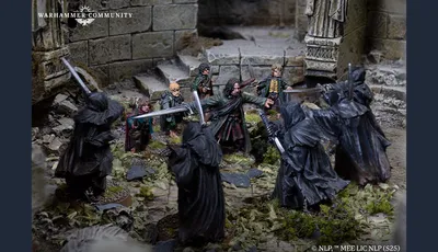 A dynamic scene depicts a confrontation between a group of cloaked figures, resembling Ringwraiths, and a diverse band of heroes from The Lord of the Rings. The heroes, including characters like Aragorn and Frodo, are positioned in a ruined stone setting, surrounded by overgrown foliage and debris. The Ringwraiths, dressed in dark, tattered cloaks, wield swords, creating a tense atmosphere as they face off against the protagonists. The intricate details of the miniatures highlight their distinct features and expressions, enhancing the narrative of this iconic moment.
