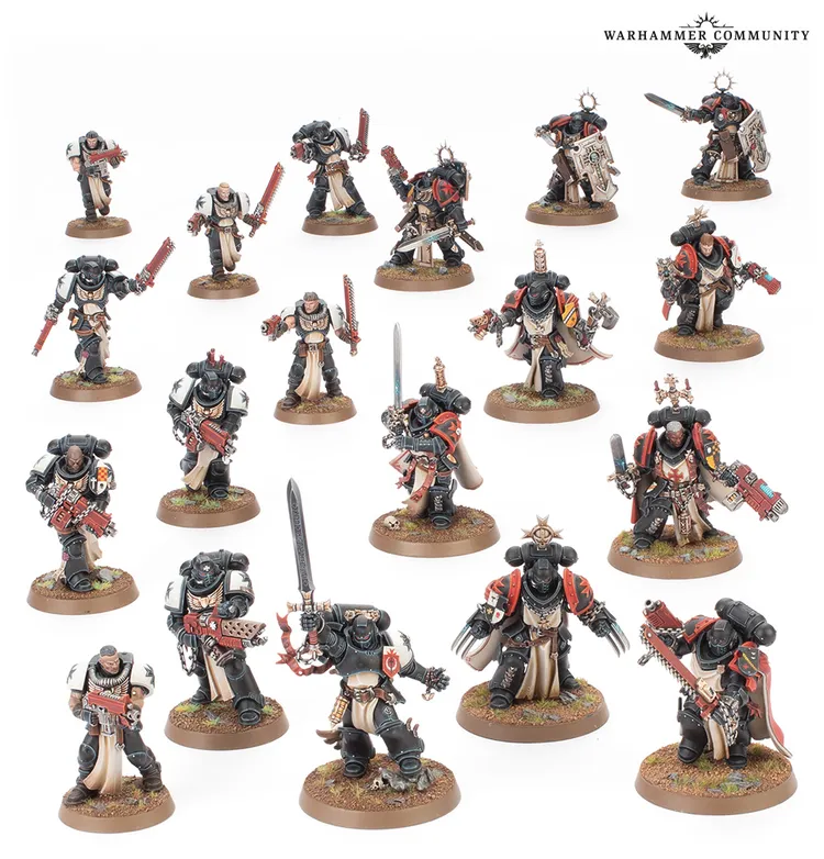 A collection of 20 miniature figures representing the Black Templars from the Warhammer 40,000 universe, arranged on a light-colored surface. The models are predominantly clad in black armor with red and white accents, showcasing various weapons such as swords, bolters, and shields. Some figures are posed dynamically, while others stand in more static positions, highlighting their distinct roles within the chapter, including a prominent figure likely representing the Emperor’s Champion.