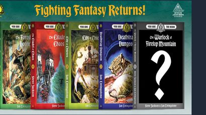 The image features five classic Fighting Fantasy adventure books lined up in a row, each with distinct cover art. From left to right, the titles are: "The Forest of Doom," "The Citadel of Chaos," "City of Thieves," "Deathtrap Dungeon," and "The Warlock of Firetop Mountain," which is marked with a question mark, indicating its cover is yet to be revealed. The covers showcase vibrant illustrations, with themes of fantasy and adventure, and the text prominently displays the titles and authors, Steve Jackson and Ian Livingstone. The background is a dark color, enhancing the visibility of the book covers and the bold title "Fighting Fantasy Returns!" at the top.