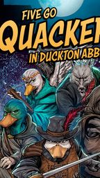 The image features two book covers side by side. On the left, "Tales from Mervalde" showcases a dramatic scene with adventurers in a boat navigating turbulent waters, surrounded by dark trees and a stormy sky. On the right, "Five Go Quackers in Duckton Abbey" displays a group of anthropomorphic ducks and a wolf, dressed in adventurer attire, set against a moonlit backdrop, emphasizing a humorous and whimsical tone. The titles are prominently displayed in bold, eye-catching fonts.
