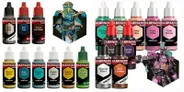 A collection of paint bottles from Army Painter is displayed, featuring various colors and shades specifically curated for Warhammer 40,000’s Chaos forces. The bottles include shades like "Blue Tone," "Strong Skin Shade," and "Talisman Teal," alongside vibrant colors such as "Deep Azure," "Turquoise Siren," and "Fiendish Yellow." An intricately painted miniature figure, resembling a character from the game, is positioned prominently in the center, showcasing the potential application of these paints.