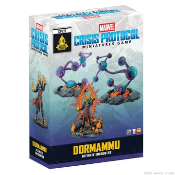 A box for the "Marvel: Crisis Protocol - Dormammu Ultimate Encounter" set features a striking illustration of Dormammu, depicted with fiery elements and a menacing stance, surrounded by swirling dimensional rifts. The packaging includes vibrant colors, with a dark background contrasting against the bright flames and mystical rifts. The title "DORMAMMU ULTIMATE ENCOUNTER" is prominently displayed at the bottom, indicating the contents of the set.