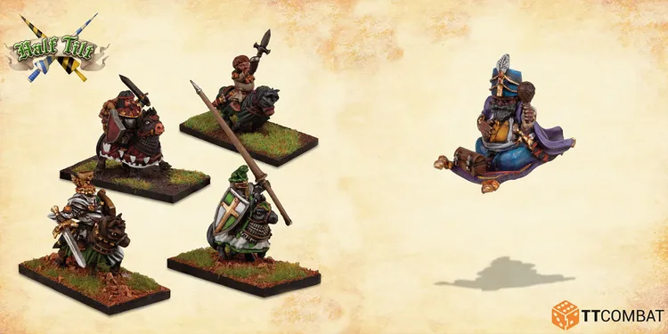 A whimsical scene features a trio of miniatures from the game Half Tilt. On the left, a jouster rides a sturdy pony, while a second figure, a dwarf magician, floats on a magic carpet, adorned in vibrant blue robes and holding a staff. The third miniature, a knight in armor, stands ready with a sword, set against a textured, light-colored background.