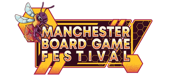 A vibrant logo for the Manchester Board Game Festival features a stylized bee holding a red dice, set against a geometric background of yellow and maroon. The text "MANCHESTER BOARD GAME FESTIVAL" is prominently displayed in bold, white letters, with a dynamic design that includes hexagonal shapes and lines. The overall aesthetic conveys a fun and energetic atmosphere, suitable for a board game event.