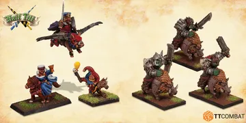 A colorful display of miniatures features a whimsical scene from the game Half Tilt. On the left, Duke Hammond rides a winged pigasus, while Jacques the Jester, in a red outfit, holds a balloon and rides a hobby horse. To the right, three orc jousters, equipped with armor and weapons, ride sturdy mounts, showcasing their fierce expressions and battle-ready stances. The background is a textured beige, enhancing the vibrant colors of the characters and their mounts.