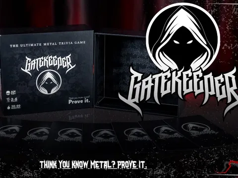 Gatekeeper Ultimate Metal Trivia Game box, cards, and logo with hooded figure. Text: "THINK YOU KNOW METAL? PROVE IT."