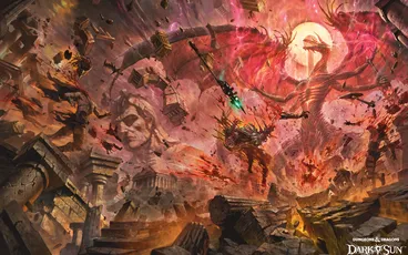 Giant stone head, crumbling ruins, fiery sky, dragon-like creature, armored figure with spear.