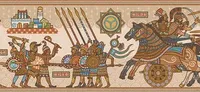 Four armored warriors on horseback holding spears, shields, and swords. A large black horse with ornate tack and decorative bridle. Background features a geometric emblem with a yellow triangle and blue circle, and text "1611" and "1613" in red boxes.