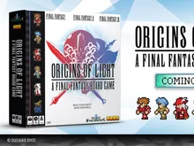 Box cover for Origins of Light: A Final Fantasy Board Game showing a stylized sword and shield on a purple/blue background. Title reads "Origins of Light" with subtitle "A Final Fantasy Board Game." Below, pixel-art characters from Final Fantasy stand in a row. Text: "COMING SOON" on a green button.