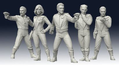 Five sci-fi miniatures are displayed, representing Galactic Explorers. Each figure is in a dynamic pose, with two holding futuristic weapons and the others in various stances suggesting action or readiness. The miniatures are detailed, featuring sleek, form-fitting suits and distinct hairstyles, all rendered in a light gray color that highlights their features. The background is a gradient from dark to light, emphasizing the figures.