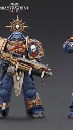 Three detailed action figures from the Warhammer 40,000: Space Marine series are displayed against a dark background. On the left, the Relic Primus Armor figure holds a heavy bolt rifle, adorned with intricate decorations, including a skull emblem and a shield. To the right, the Heavy Artificer Armor figure wields a large combat blade, featuring a flowing red cape and various honor ribbons, showcasing the iconic blue and gold color scheme of the Ultramarines chapter.