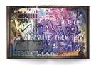 A vibrant spread from a book features a collage of graffiti art, showcasing a mix of colorful tags and stylized lettering. Prominent among the graffiti is the phrase "GIVE THEM NO" in bold, purple letters, surrounded by various other colorful designs and symbols. The background is a chaotic blend of colors and textures, reflecting the gritty urban environment of the Blade Runner universe.