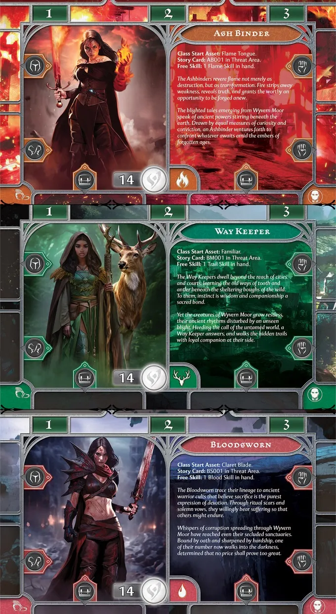Way Keeper card with a woman and deer in a forest, text "Way Keeper" and "Class Start Asset: Familiar."