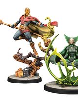 The image features three miniatures from Marvel: Crisis Protocol. On the left, Adam Warlock stands in a dynamic pose, wielding a staff and wearing a red and blue costume with a flowing cape. To the right, Moondragon is depicted seated in a meditative pose, surrounded by a green, swirling energy effect, dressed in a green suit. Both miniatures are mounted on circular bases, with intricate details highlighting their cosmic themes.