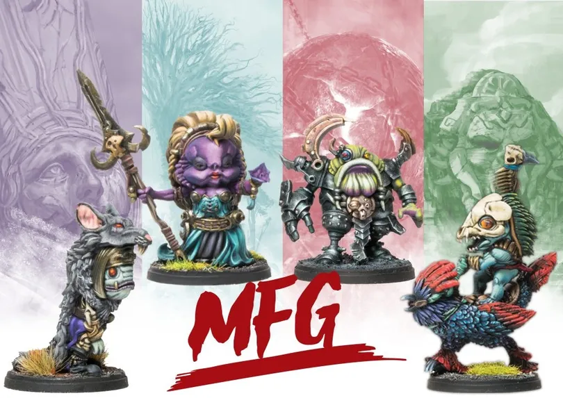 Four whimsical resin miniatures are displayed, representing the Murderous Fish Gnome Mystery Pack Series 2 from Para Bellum Games. On the left, a gnome with a wolf-like appearance stands, while the central figure is a purple-skinned gnome in a flowing gown, holding a staff. To the right, a gnome in mechanical armor features a distinctive design, and the background showcases soft pastel colors, enhancing the fantasy theme. The text "MFG" is prominently featured in bold red at the bottom.