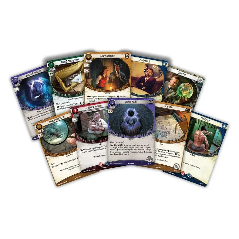 A collection of Arkham Horror: The Card Game cards is displayed, featuring various character and item illustrations. Prominent cards include "Cloak of Resonance," "Sharp Rhetoric," and "Cosmic Flame," each showcasing unique artwork and game mechanics. The cards are arranged in a fan shape, highlighting their diverse abilities and roles within the game.