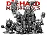 A group of fantasy orcs stands prominently in the foreground, each character displaying unique features and weaponry, including axes, shields, and a banner. The orcs are depicted in a stylized, black-and-white illustration, showcasing a variety of armor and expressions that convey their mischievous nature. Above them, the logo "DIE HARD Miniatures" is displayed in bold red letters, adding emphasis to the scene.
