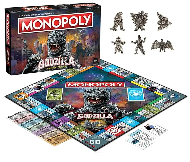 Monopoly Godzilla Edition board, box, and monster tokens.