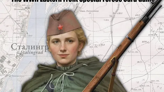 A person in a green military uniform and camouflage cape, wearing a brown cap with a red star, holding a bolt-action rifle with a bayonet. Behind them, a faded topographic map with Cyrillic text, including the word "Сталинград" (Stalingrad). At the top, bold text reads "WARFIGHTER The WWII Eastern Front Special Forces Card Game".
