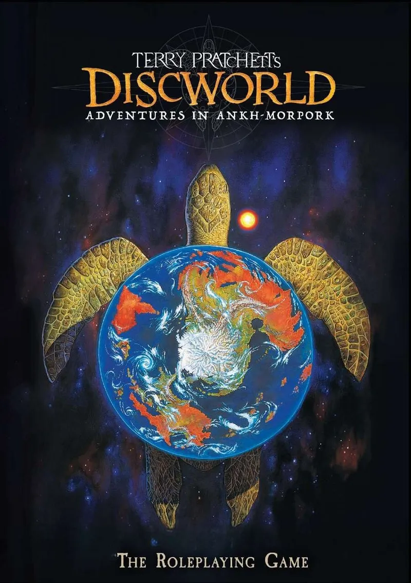 A giant golden turtle carrying a blue globe with continents, stars, and a red sun. Text: "Discworld Adventures in Ankh-Morpork".