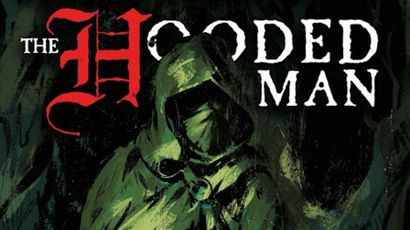 A close-up of the cover art for "The Hooded Man," featuring a mysterious figure in a dark green hooded cloak, partially obscured by shadows. The title is prominently displayed in bold red lettering, with the word "Hood" stylized to emphasize its significance. The background is dark and atmospheric, enhancing the sense of intrigue and adventure associated with the game.