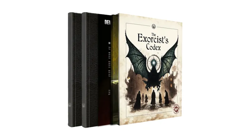 The Exorcist Codex rulebook features a striking cover illustration of a large, winged creature with a glowing halo, set against a backdrop of shadowy figures in a 1890s urban environment. The book is flanked by two other volumes, one of which is titled "Demonologist," suggesting a thematic connection to the RPG's focus on battling ancient demons. The overall color palette is muted, with dark tones contrasting against the lighter background of the main book.