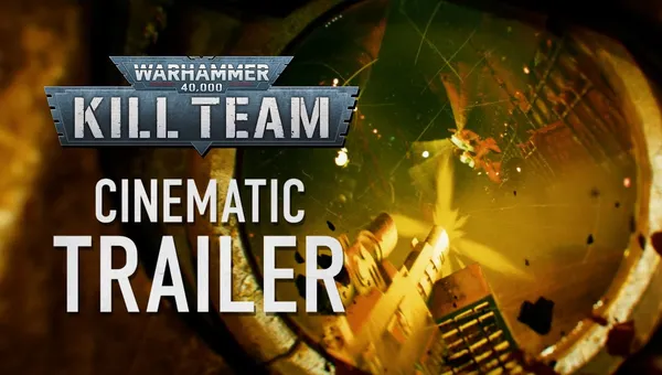 The image features the title "WARHAMMER 40,000 KILL TEAM" prominently displayed at the top, with a metallic and rugged design. Below, the word "CINEMATIC" is shown in bold white letters, followed by "TRAILER" in a slightly smaller font, also in white. The background is dark and textured, suggesting a gritty, industrial environment, possibly hinting at the themes of the upcoming release, Operation Hivestorm.