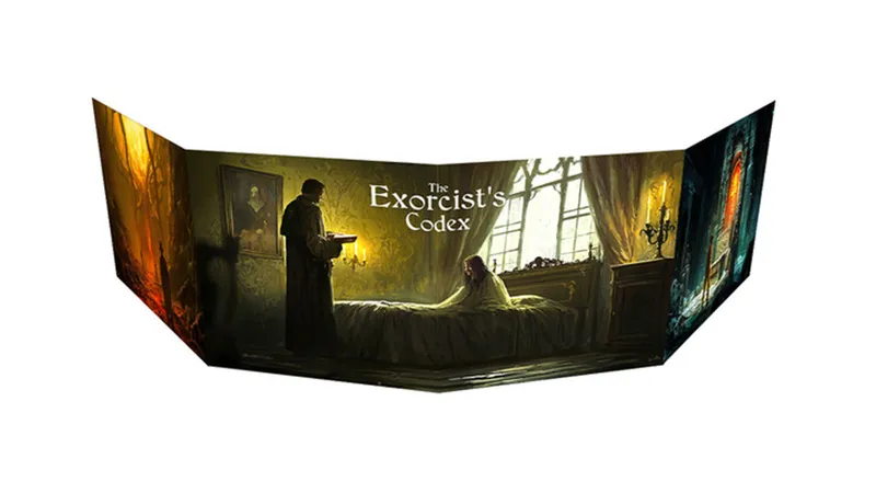 A dark and atmospheric scene depicts a cloaked figure, presumably an exorcist, standing beside a bed where a woman appears to be in distress. The room is dimly lit, with a large window allowing faint light to filter in, illuminating the ornate furnishings and a portrait on the wall. The title "The Exorcist's Codex" is prominently displayed, suggesting a focus on themes of exorcism and the supernatural.