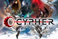 A dynamic and colorful illustration showcases various characters and scenes from the Cypher RPG universe, blending elements of fantasy, sci-fi, and adventure. Prominent figures include a warrior with a sword, a character with flowing hair and intricate armor, and a dragon-like creature, all set against a backdrop of swirling colors and celestial bodies. The word "CYPHER" is boldly displayed across the center, highlighted by a striking red line.