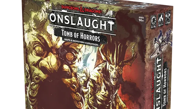 A box for the "Dungeons & Dragons Onslaught: Tomb of Horrors - Maps & Monsters Expansion" features dramatic artwork depicting a menacing demilich and various monstrous figures. The box is predominantly dark with splashes of color, showcasing intricate details of the characters and elements from the dungeon. The title "ONSLAUGHT" is prominently displayed at the top, along with the subtitle and branding for Wizkids.