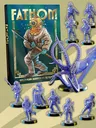 Fathom game box, diver in suit, octopus model, and miniatures.