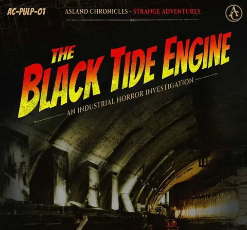 Dark tunnel with water, text "BLACK TIDE AN INDUSTRIAL HORROR INVESTIGATION" and "Lancashire, England. 1934."