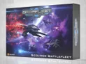 A vibrant box cover for the "Scourge Battlefleet" from Dropfleet Commander features a large, menacing ship with elongated, spiky structures, surrounded by smaller, agile vessels. The background showcases a cosmic scene filled with swirling nebulae in shades of purple, blue, and red, creating a dramatic space environment. The title "DROPFLEET COMMANDER" is prominently displayed at the top, with "Scourge Battlefleet" clearly labeled at the bottom.