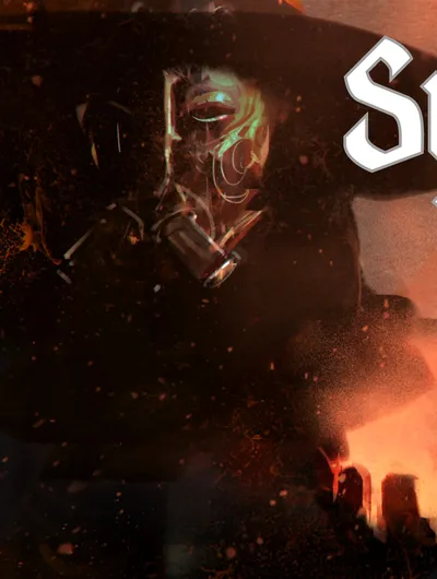 A dark and atmospheric illustration features a mysterious figure wearing a gas mask and a wide-brimmed hat, partially obscured by shadows. The background is filled with swirling dark colors and hints of glowing elements, creating an eerie ambiance that reflects the themes of the Symbaroum universe. The title "Symbaroum" is prominently displayed in bold, stylized lettering, accompanied by the word "New," suggesting an upcoming release or update.