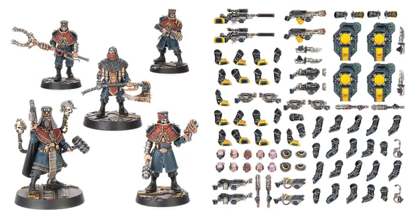 A detailed assortment of miniature components for tabletop gaming, featuring various weapons, arms, and heads designed for use in the Necromunda setting. The items include rifles, pistols, grenades, and melee weapons, alongside mechanical parts and accessories. The color scheme predominantly features black with yellow and green accents, showcasing a mix of futuristic and industrial designs suitable for character customization.