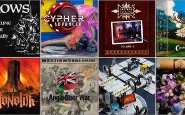 Four tabletop game covers: Cypher Advanced, Letters from the Leagues Volume 5, The Battle for South Africa, and a sci-fi board.