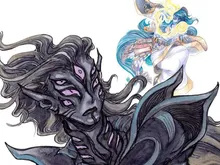 "AT THE GATES" text above a dark figure with multiple eyes and a blue-haired figure holding a book.