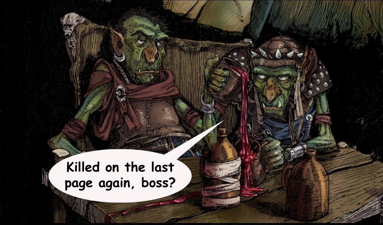A green-skinned goblin sits at a wooden table, wearing a brown tunic and a red scarf, with a frustrated expression. He holds a tankard in one hand and gestures with the other, as a speech bubble reads, 