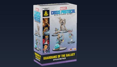 A box for the "Guardians of the Galaxy Affiliation Pack" for Marvel: Crisis Protocol features dynamic illustrations of the miniatures included, such as Star-Lord, Rocket, Groot, and Cosmic Ghost Rider. The packaging prominently displays the title "GUARDIANS OF THE GALAXY" at the bottom, with the Asmodee logo and game branding visible. The background is dark, enhancing the vibrant colors of the figures and the overall design.