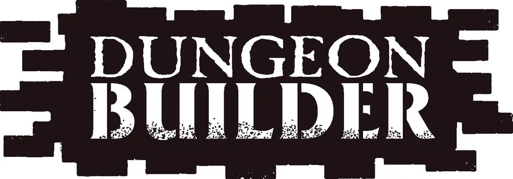 The image features the text "DUNGEON BUILDER" prominently displayed in a bold, distressed font, set against a dark background that resembles wooden planks. The letters are white with a textured appearance, giving a rugged feel that aligns with the theme of dungeon building. The overall design conveys a sense of adventure and creativity, suitable for tabletop gaming enthusiasts.