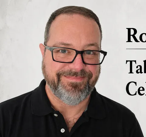 Man with glasses and beard, text: "Roberto M Tabletop In Celluloid M"